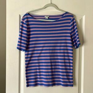 Blue, pink, and white striped boat, neck, short sleeve T-shirt